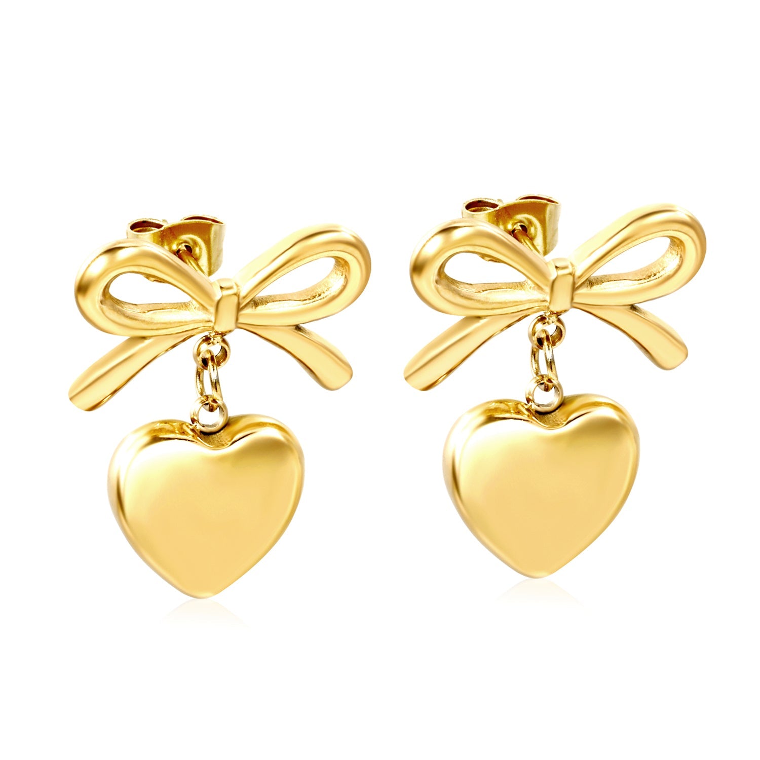 19.7*12.4mm Bow+13mm Heart Stud Earrings Gold Color asonjewelry
